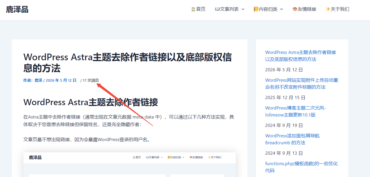 WordPress Astra 免费版 WP-PostViews 显示位置修改在日期后 - 鹿泽笔记