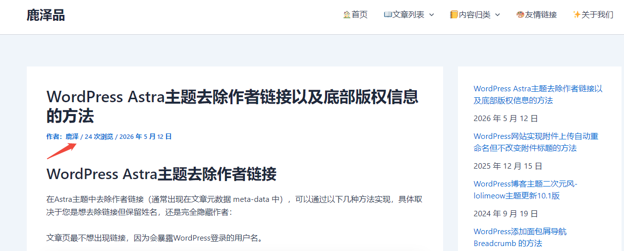 在WordPress Astra 主题的作者名称后面追加 WP-PostViews 浏览量 - 鹿泽笔记